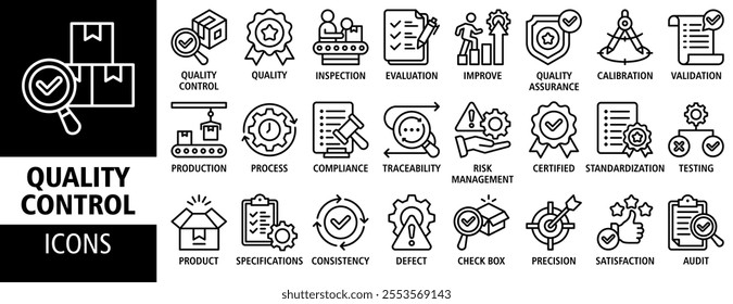 Quality control icon set vector concept illustration. Containing icon of inspection, evaluation, product, quality assurance, process, testing and more. Outline icons symbol collection.