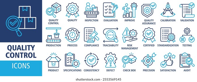 Quality control icon set vector concept illustration. Containing icon of inspection, evaluation, product, quality assurance, process, testing and more. Outline icons symbol collection.