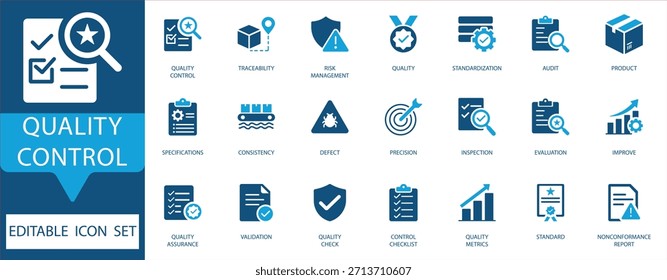 Quality Control Icon Set. Vectors for quality assurance, standardization, inspection, risk management, traceability, and manufacturing processes.