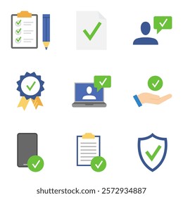 Quality control icons. Approved, check mark symbols, check mark, certification, approval concepts. Vector illustration.