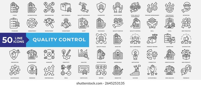 Sammlung von Qualitätskontrollsymbolen. Mit Akkreditierung, bestem Produkt, Qualitätssicherung, Leistung, Prozessverbesserung, kontinuierlicher Verbesserung und Qualitätsservice. Einfacher Zeilenvektor.