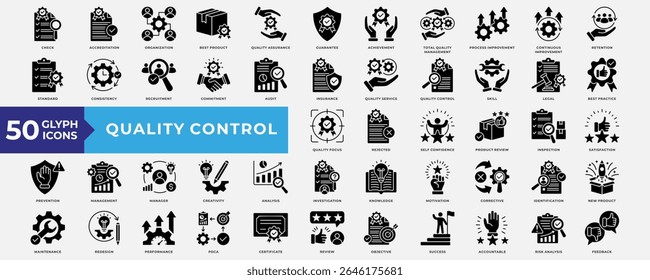 Quality Control icons collection set. Containing accreditation, best product, quality assurance, achievement, process improvement, continuous improvement and quality service. Simple Glyph Vector.