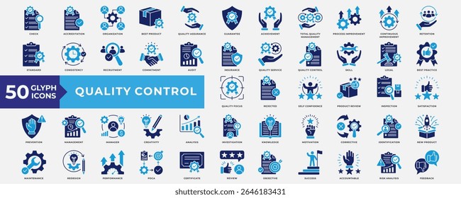 Quality Control icons collection set. Containing accreditation, best product, quality assurance, achievement, process improvement, continuous improvement and quality service. Simple Flat Vector.