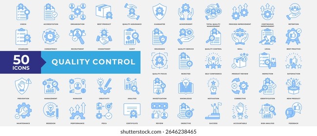 Quality Control icons collection set. Containing accreditation, best product, quality assurance, achievement, process improvement, continuous improvement and quality service. Simple Blue Vector.