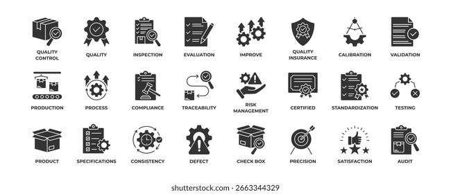 Conjunto de Coleta de Ícones de Controle de Qualidade. Contendo ícone de inspeção, avaliação, produto, garantia de qualidade, processo, teste e controle de qualidade. Ilustração de vetor sólido simples.