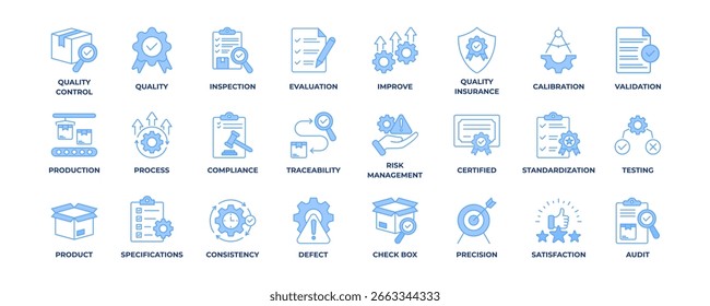 Kollektionssatz für Qualitätskontrollsymbole. Mit Inspektion, Bewertung, Produkt, Qualitätssicherung, Prozess, Prüfung und Qualitätskontrolle Symbol. Einfache, blaue Vektorgrafik.