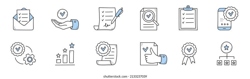 Quality control icons. Doodle symbols of product guarantee, compliance and verification. Vector hand drawn set of signs with checklist, document with check mark, certificate, phone and graph