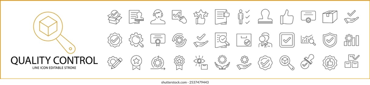 Iconos de control de calidad en estilo de línea. Contiene verificación, producto, lista de verificación, proceso, estándar, cumplimiento, etc. Conjunto de iconos. Ilustración vectorial. Trazo Editable.
