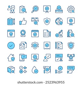 Quality control icons. Outline symbols. Vector blue line icons set