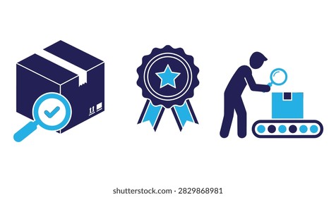 Quality control icons with package inspection and certified badge symbols for industrial workflow