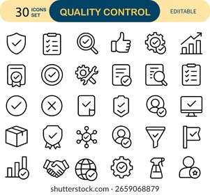 Symbole der Qualitätskontrolle Set 30-Zeilen-Symbole für Zuverlässigkeits-, Inspektions- und Zertifizierungsprozesse