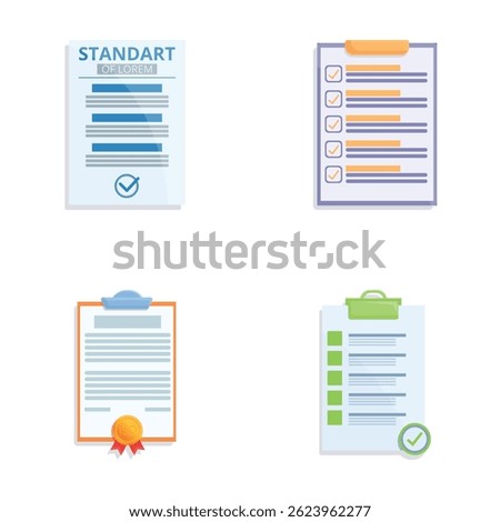 Quality control icons set cartoon vector. Various document with quality mark. International certification concept