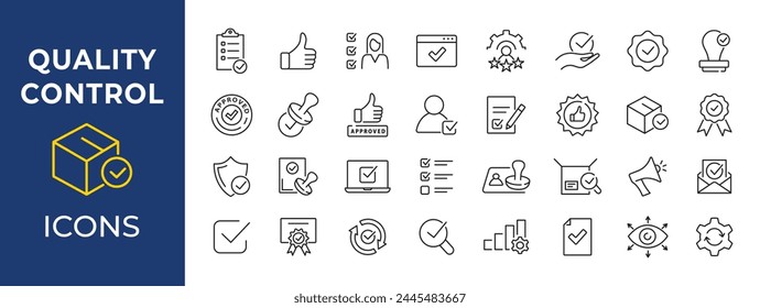 Quality control icons set. Inspection, approve, product, process. Vector.