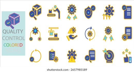 Qualitätskontrollsymbole festgelegt. Qualität, Produktion, Tests und mehr. Farbige Symbole, Vektorgrafik