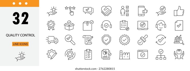 Quality control icons set representing inspection, standards, testing, assurance, compliance, checklist, verification, audit, performance and product quality management . Editable Stroke.