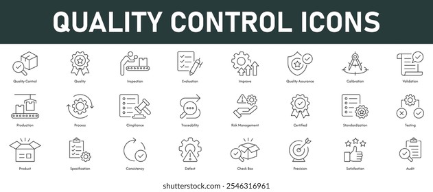 Iconos de control de calidad La Ilustración vectorial con trazo editable de línea delgada contiene inspección para mejorar la validación del proceso de producción