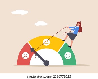 Quality control or improvement concept. Performance rating or customer feedback, credit score or satisfaction measurement, strong businesswoman pull the string to make rating gauge to be excellent.