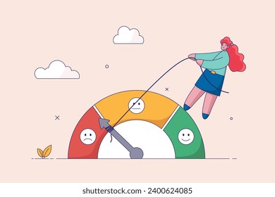 Quality control or improvement concept. Performance rating or customer feedback, credit score or satisfaction measurement, strong businesswoman pull the string to make rating gauge to be excellent.