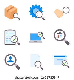 Quality control and inspection icon set featuring magnifying glass elements for analysis and verification. Vector illustration.