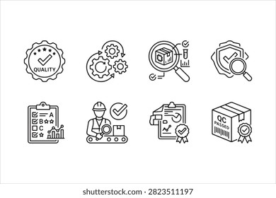 Quality control inspection and manufacturing process icons set isolated transparent