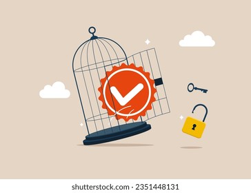 Quality Control with key free himself from cage. Quality Control to check quality and giving certified. Modern vector illustration in flat style