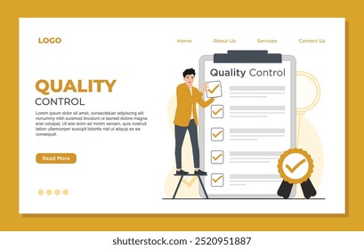 Quality control landing page template concept. product Iso 9001 certification vector illustration for web design