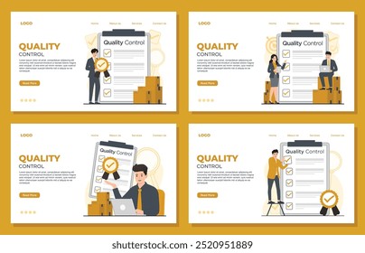 Quality control landing page template concept. product Iso 9001 certification vector illustration for web design