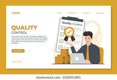 Quality control landing page template concept. product Iso 9001 certification vector illustration for web design