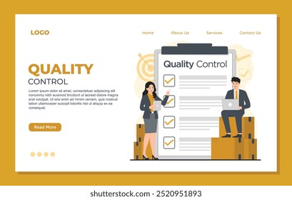 Quality control landing page template concept. product Iso 9001 certification vector illustration for web design