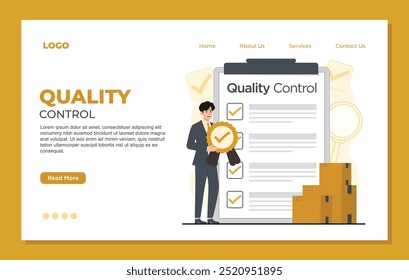 Conceito de modelo de página inicial de controle de qualidade. ilustração de vetor de certificação Iso 9001 do produto para web design