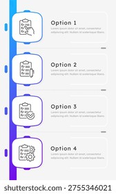 Quality control lifecycle infographic 4 steps. Project management, documentation organization. Business auditing, workflow scheduling. Editable thin line icons diagram process