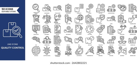 Quality control line editable icon set. Containing evaluation, inspection, product, quality, process, testing and more. Vector illustration