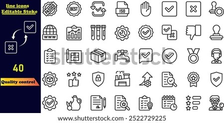 Quality control line icon collection featuring editable strokes. This set includes icons representing quality, evaluation, improvement, processes, approval, results, and customer feedback 