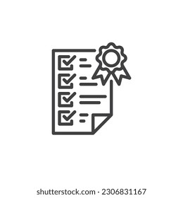 Quality control line icon. Document with check mark and badge linear style sign for mobile concept and web design. Approval certificate outline vector icon. Symbol, logo illustration. Vector graphics
