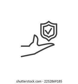 Quality control line icon. linear style sign for mobile concept and web design. Hand holding shield with check mark outline vector icon. Symbol, logo illustration. Vector graphics