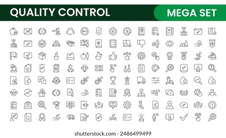 Conjunto de iconos de línea de control de calidad. Incluye los iconos como inspeccionar, control de calidad, calificar, control de calidad, verificar y más.