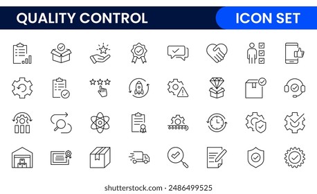 Conjunto de iconos de línea de control de calidad. Incluye los iconos como inspeccionar, control de calidad, calificar, control de calidad, verificar y más.