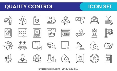 Conjunto de iconos de línea de control de calidad. Incluye los iconos como inspeccionar, control de calidad, calificar, control de calidad, verificar y más.