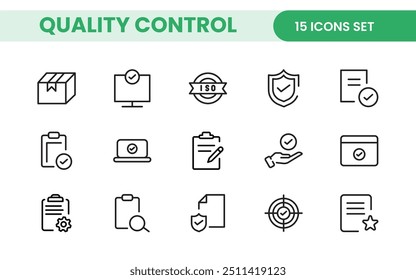 Conjunto de iconos de línea de control de calidad. Incluidos los iconos como inspeccionar, QA, calificar, control de calidad, comprobar, verificar y más.