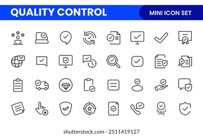 Conjunto de iconos de línea de control de calidad. Incluidos los iconos como inspeccionar, QA, calificar, control de calidad, comprobar, verificar y más.