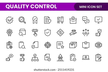 Conjunto de ícones de linha do Controle de Qualidade. Incluídos os ícones como inspeção, controle de qualidade, qualificação, controle de qualidade, verificação e muito mais.