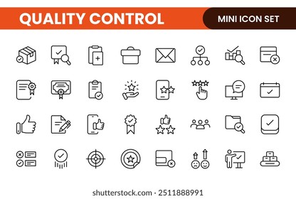Symbolsatz für Qualitätskontrollzeile. Die Symbole umfassen Prüfung, Qualitätssicherung, Qualifizierung, Qualitätskontrolle, Prüfung, Prüfung und mehr.