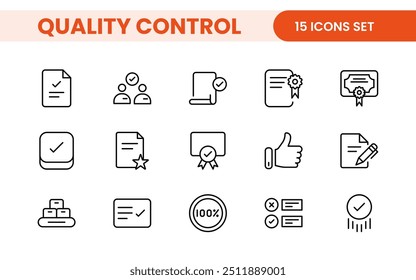 Symbolsatz für Qualitätskontrollzeile. Die Symbole umfassen Prüfung, Qualitätssicherung, Qualifizierung, Qualitätskontrolle, Prüfung, Prüfung und mehr.