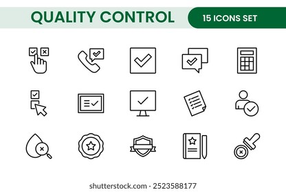 Conjunto de ícones de linha do Controle de Qualidade. Incluídos os ícones como inspeção, controle de qualidade, qualificação, controle de qualidade, verificação e muito mais.