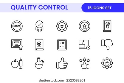 Conjunto de ícones de linha do Controle de Qualidade. Incluídos os ícones como inspeção, controle de qualidade, qualificação, controle de qualidade, verificação e muito mais.