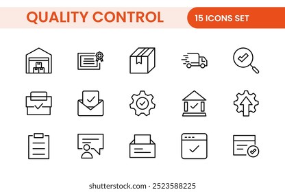 Conjunto de ícones de linha do Controle de Qualidade. Incluídos os ícones como inspeção, controle de qualidade, qualificação, controle de qualidade, verificação e muito mais.
