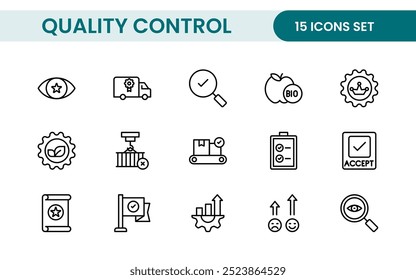 Symbolsatz für Qualitätskontrollzeile. Die Symbole umfassen Prüfung, Qualitätssicherung, Qualifizierung, Qualitätskontrolle, Prüfung, Prüfung und mehr.