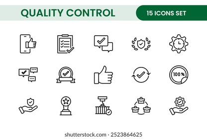 Conjunto de ícones de linha do Controle de Qualidade. Incluídos os ícones como inspeção, controle de qualidade, qualificação, controle de qualidade, verificação e muito mais.