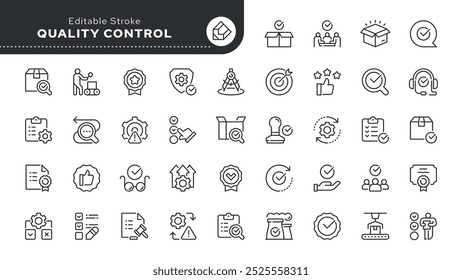 Conjunto de ícones de linha de controle de qualidade. Controle de qualidade, produção, avaliação, verificado, teste, garantia, inspeção e muito mais. Ícone Contorno em estilo linear. Coleção de vetores.	
