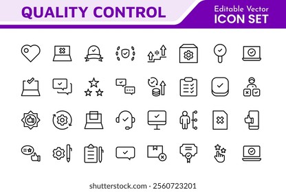 Quality Control line icon set. Included the icons as inspect, QA, qualify, quality control, check, verify, and more.